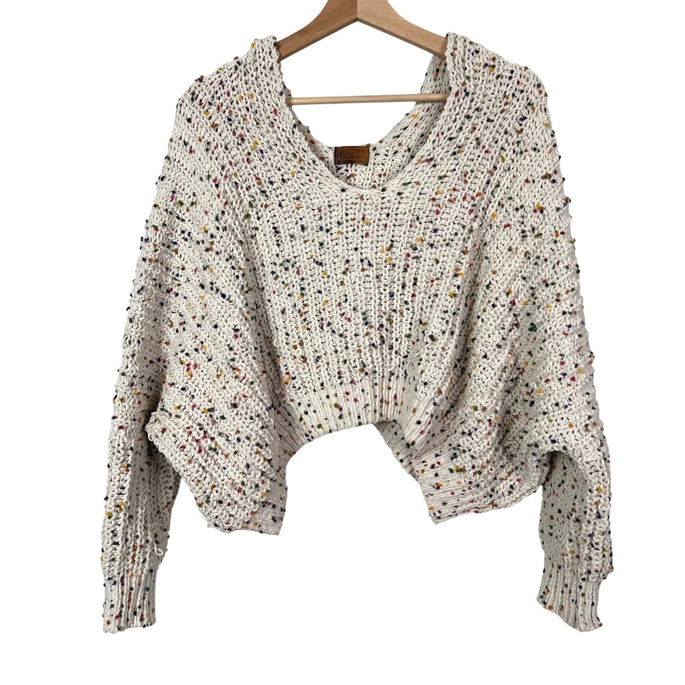 POL Womens Small Confetti Pom Pom Chunky Knit Oversized Cropped‎ Sweater Cream